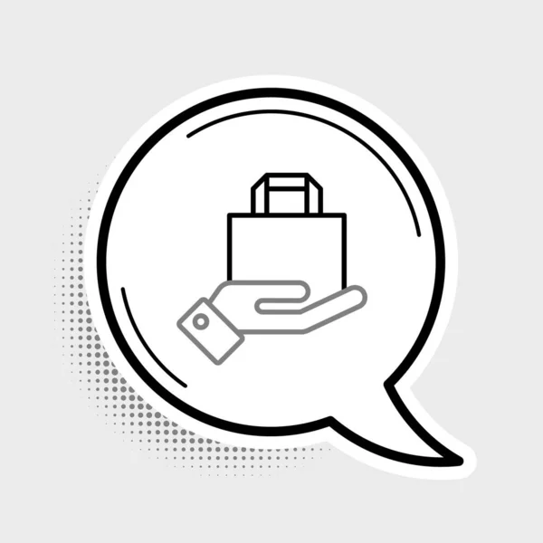 Line Hand och papper shoppingväska ikon isolerad på grå bakgrund. Paketskylt. Färgstarkt skisskoncept. Vektor — Stock vektor