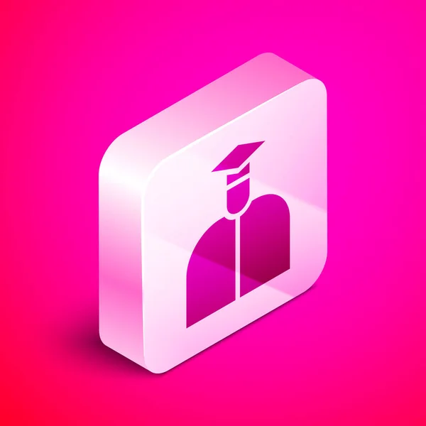 Icono del estudiante isométrico aislado sobre fondo rosa. Botón cuadrado plateado. Ilustración vectorial — Archivo Imágenes Vectoriales