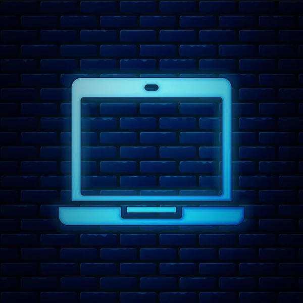 Parlayan neon dizüstü bilgisayar simgesi tuğla duvar arka planında izole edildi. Boş ekran işaretli bilgisayar defteri. Vektör İllüstrasyonu — Stok Vektör