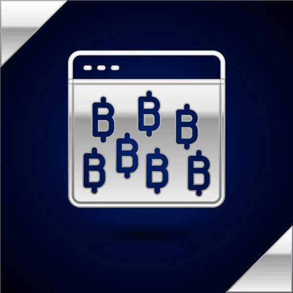 Silver Cryptocurrency coin Bitcoin icon isolated on dark blue background. Physical bit coin. Blockchain based secure crypto currency. Vector — Stock Vector