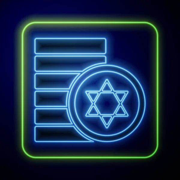 Glowing neon Jewish coin icon isolated on blue background. Currency symbol. Vector —  Vetores de Stock