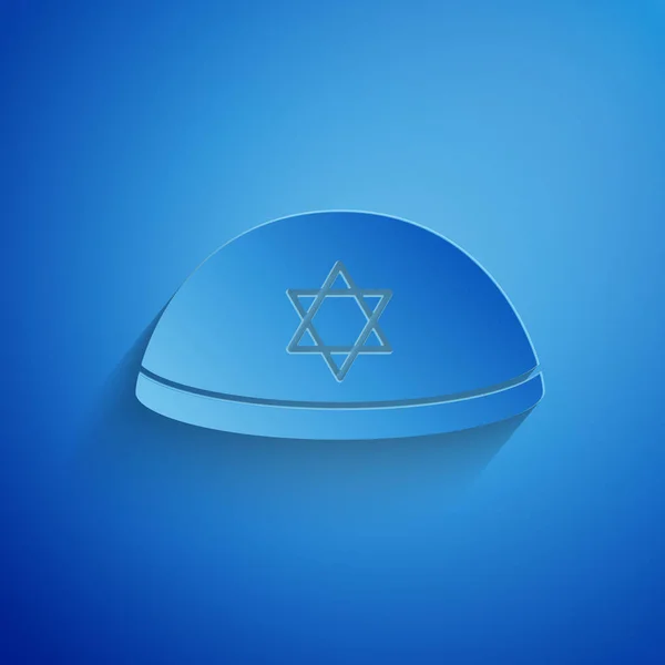Papier découpé kippah juif avec étoile de l'icône David isolé sur fond bleu. Chapeau yarmulke juif. Style art du papier. Vecteur — Image vectorielle