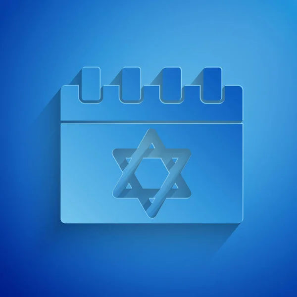 Paper cut Jewish calendar with star of david icon isolated on blue background. Hanukkah calendar day. Paper art style. Vector — Stock Vector