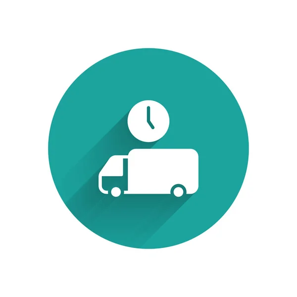 Ikon waktu dan truk pengiriman Logistik Putih terisolasi dengan bayangan panjang. Ikon waktu pengiriman. Tombol lingkaran hijau. Vektor - Stok Vektor