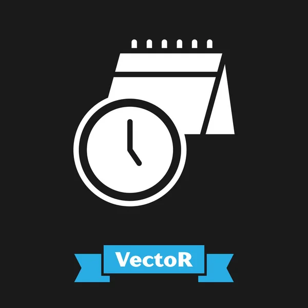 Weißes Kalender- und Uhrsymbol isoliert auf schwarzem Hintergrund. Zeitplan, Termin, Organisator, Stundenplan, Zeitmanagement. Vektor — Stockvektor