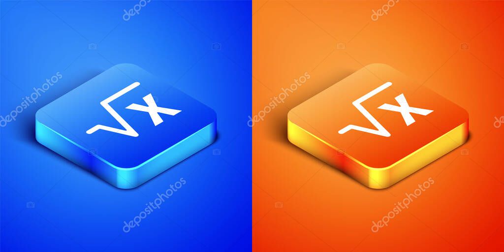 Isometric Square root of x glyph icon isolated on blue and orange background. Mathematical expression. Square button. Vector.