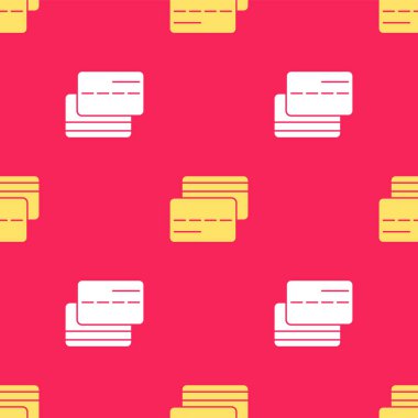 Sarı kredi kartı simgesi kırmızı arkaplanda kusursuz desen izole etti. Çevrimiçi ödeme. Nakit çekilmesi. Finansal operasyonlar. Alışveriş tabelası. Vektör