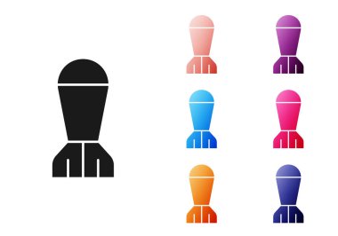 Siyah Havacılık bomba ikonu beyaz arka planda izole edildi. Roket bombası düşüyor. Simgeleri renklendirin. Vektör