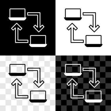 Çevrimiçi çalışan simgeyi siyah beyaz, şeffaf arkaplanda izole et. Evinde dizüstü bilgisayarla çalışan serbest çalışan bir adam. Uzaktan kumanda. Mesafeli iş kavramı. Vektör