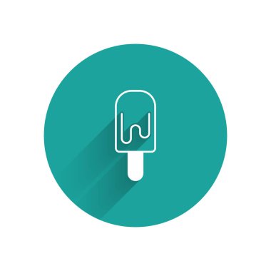 Uzun gölgeli çubuk ikonunda beyaz dondurma. Güzel sembol. Yeşil daire düğmesi. Vektör