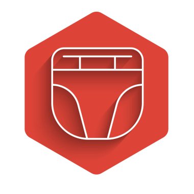 Köpek resmi için beyaz çizgi bebek bezi uzun gölgeli izole edilmiş. Hayvan hijyeni aksesuarı. Kırmızı altıgen düğmesi. Vektör