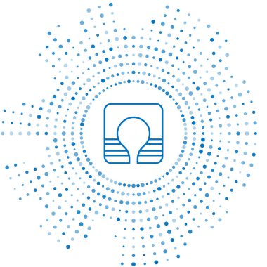 Beyaz arkaplanda mavi çizgili Life ceketi simgesi var. Can yeleği ikonu. Olağanüstü bir spor. Spor malzemeleri. Soyut çember rastgele noktalar. Vektör