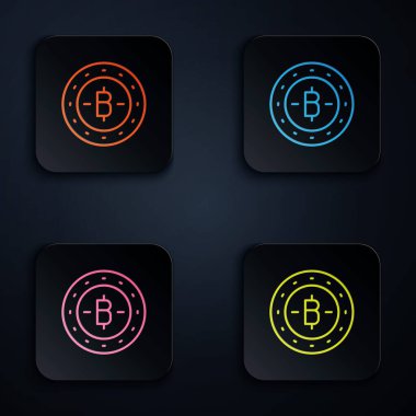 Renkli neon hattı Kripto para birimi simgesi Bitcoin siyah arka planda izole edildi. Madeni para. Engelleme zinciri tabanlı şifreli para birimi. Kare düğmelere simgeleri yerleştir. Vektör