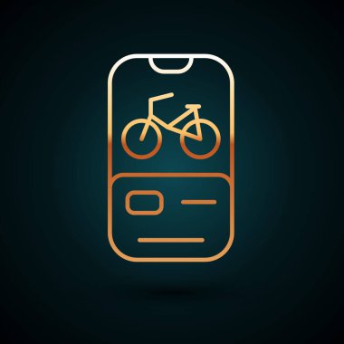 Altın çizgili bisiklet kiralama mobil uygulama simgesi koyu mavi arkaplanda izole edildi. Şehirde bisiklet kiralamak için iyi bir servis. Paylaşım sistemi için mobil uygulama. Vektör