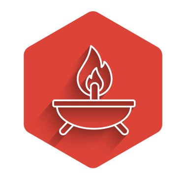 Beyaz çizgi Aroma mum ikonu uzun gölgeli izole edilmiş. Kırmızı altıgen düğmesi. Vektör