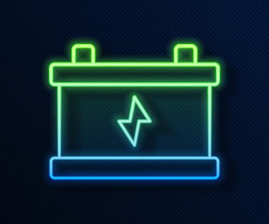 Parlayan neon hat araba aküsü ikonu mavi arka planda izole edildi. Akümülatör bataryası enerji ve elektrik akümülatörü bataryası. Vektör