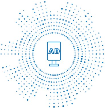 Mavi çizgi reklam simgesi beyaz arkaplanda izole edildi. Pazarlama ve tanıtım süreci kavramı. İlgili reklamlar. Sosyal medya reklamcılığı. Soyut çember rastgele noktalar. Vektör