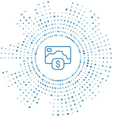 Mavi çizgi kredi kartı simgesi beyaz arkaplanda izole edildi. Çevrimiçi ödeme. Nakit çekilmesi. Finansal operasyonlar. Alışveriş tabelası. Soyut çember rastgele noktalar. Vektör