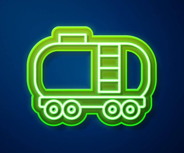 Parlayan neon hattı petrol sarnıç ikonu mavi arkaplanda izole edildi. Tren vagonundaki petrol tankı. Demiryolu nakliyesi. Petrol endüstrisi. Vektör
