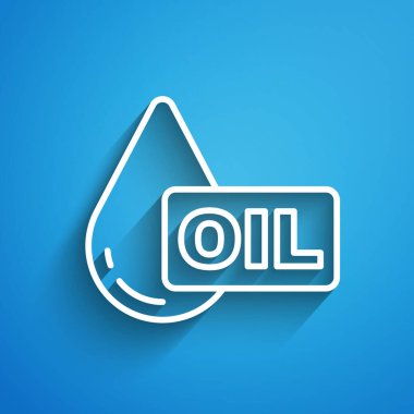 Beyaz çizgi yağ bırakma simgesi mavi arkaplanda izole edildi. Uzun gölge. Vektör