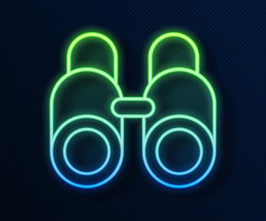 Parlayan neon hattı Dürbün simgesi mavi arkaplanda izole edildi. Yazılım işareti bul. Casus ekipman sembolü. Vektör