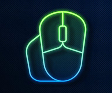 Parlayan neon hattı Bilgisayar fare simgesi mavi arkaplanda izole edildi. Tekerlek sembollü optik. Vektör