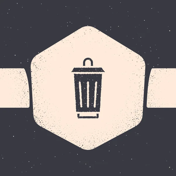 Grunge Trash can icon isolated on grey background. Garbage bin sign. Recycle basket icon. Office trash icon. Monochrome vintage drawing. Vector — Stock Vector