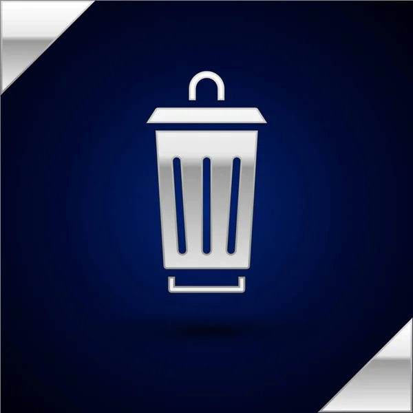 Basura de plata puede icono aislado sobre fondo azul oscuro. Cartel de basura. Reciclar icono de cesta. Icono de basura de oficina. Vector — Vector de stock