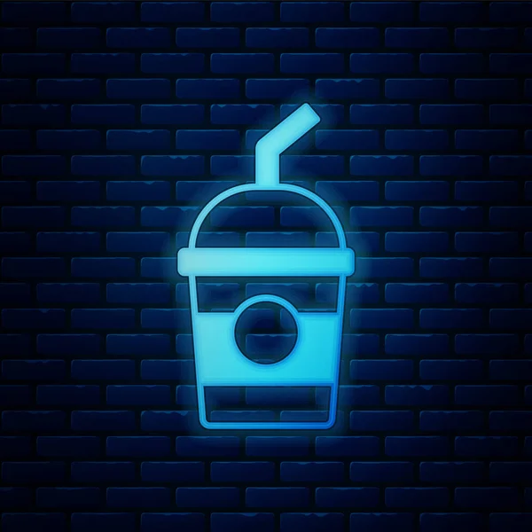 Glowing neon Milkshake icon isolated on brick wall background. Plastic cup with lid and straw. Vector — Stock Vector