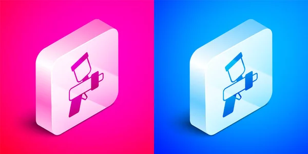 Isometric Paint spray gun icon isolated on pink and blue background. Silver square button. Vector — Stock Vector