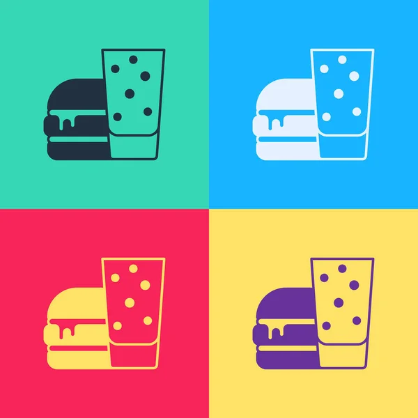 Pop Art Burger Ikone isoliert auf farbigem Hintergrund. Hamburger Ikone. Cheeseburger Sandwich-Schild. Fast Food Menü. Vektor — Stockvektor