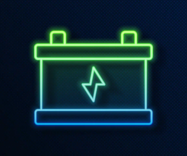 Leuchtende Neon-Linie Autobatterie-Symbol isoliert auf blauem Hintergrund. Akkubatterie Energie und Akkubatterie Strom. Vektor — Stockvektor