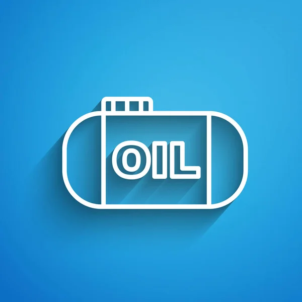 Bílá čára Olejová nádrž ikona izolované na modrém pozadí. Nádrž na ropu a zemní plyn. Technologická stanice ropných nádrží. Dlouhý stín. Vektor — Stockový vektor