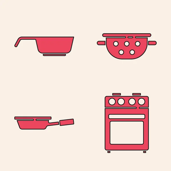 Set Four, poêle, passoire de cuisine et icône de poêle à frire. Vecteur — Image vectorielle