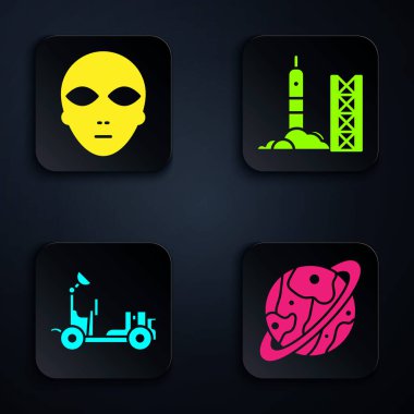 Saturn, Alien, Mars Rover ve Roket 'i uzay limanından fırlatın. Siyah kare düğme. Vektör