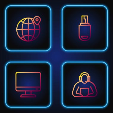 Satır Öğrencisi, Bilgisayar monitörü ekranı, dünyanın konumu ve USB flaş bellek. Renk simgeleri. Vektör