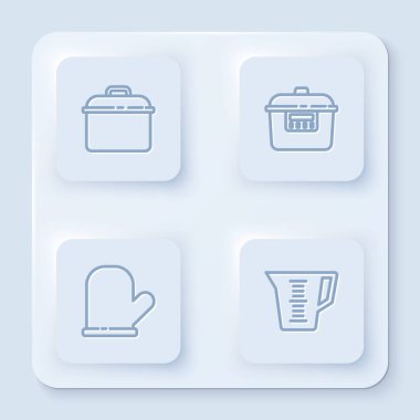 Hattı ayarla: Yemek pişirme kabı, yavaş pişirme fırın eldiveni ve ölçü kabı. Beyaz kare düğme. Vektör