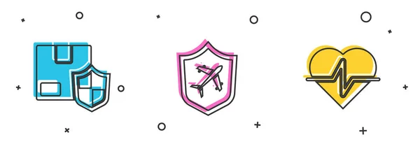 Set Delivery security with shield, Plane and Life insurance icon. Vector — Image vectorielle