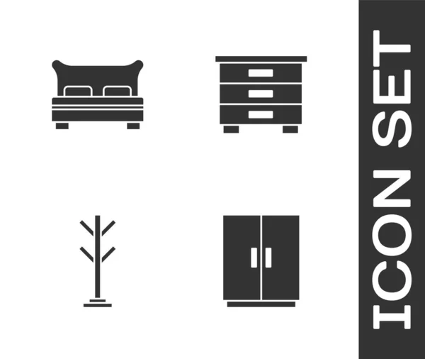 Set Wardrobe, Big bed, Coat stand and Furniture nightstand icon. Vector — Διανυσματικό Αρχείο