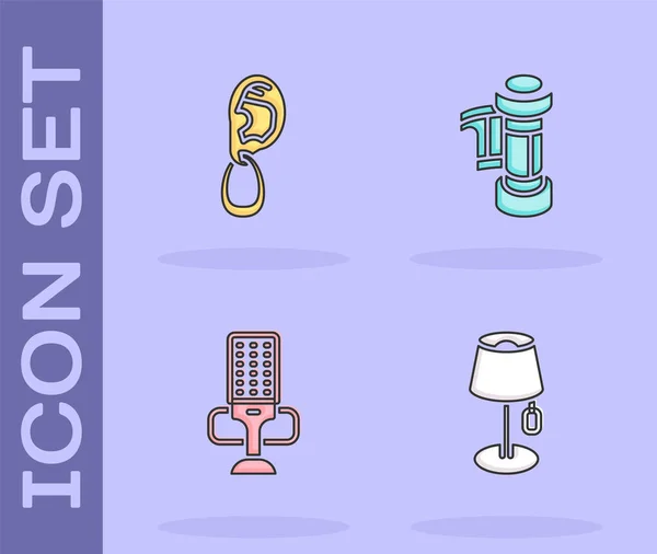 Set Floor lamp, Ear with earring, Microphone and Camera roll cartridge icon. Vector — Image vectorielle