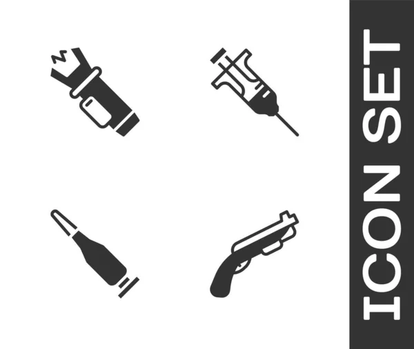 Set Police shotgun, electric shocker, Bullet and Syringe icon. Vector — Image vectorielle