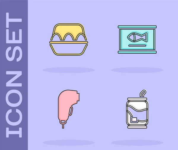 Set Soda can, Chicken egg in box, Scanner scanning bar code and Canned fish icon. Vector — Image vectorielle