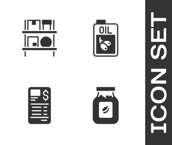 Set Kaffeeglasflasche, Lagerhaus-Interieur mit Schachteln, Papier-Finanzcheck und Flasche Olivenöl-Symbol. Vektor — Stockvektor