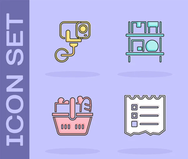 Set Shopping list, Security camera, basket and food and Warehouse interior with boxes icon. Vector — Image vectorielle