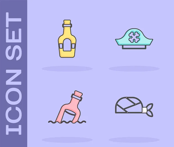 Set Pirate bandana for head, Alcohol drink Rum, Bottle with message water and hat icon. Vector — Image vectorielle