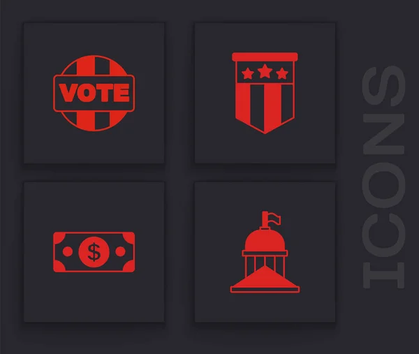 Impostare Casa Bianca, Voto, Bandiera americana e Stack carta moneta icona di cassa. Vettore — Vettoriale Stock