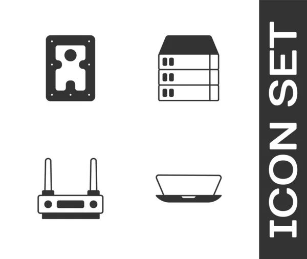 Set Laptop, Hard disk drive HDD, Router and wi-fi signal and Server, Data, Web Hosting icon. Vector — Image vectorielle