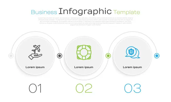 Definir linha Avião na mão, Lifebuoy e Escudo de localização. Modelo de infográfico de negócios. Vetor — Vetor de Stock