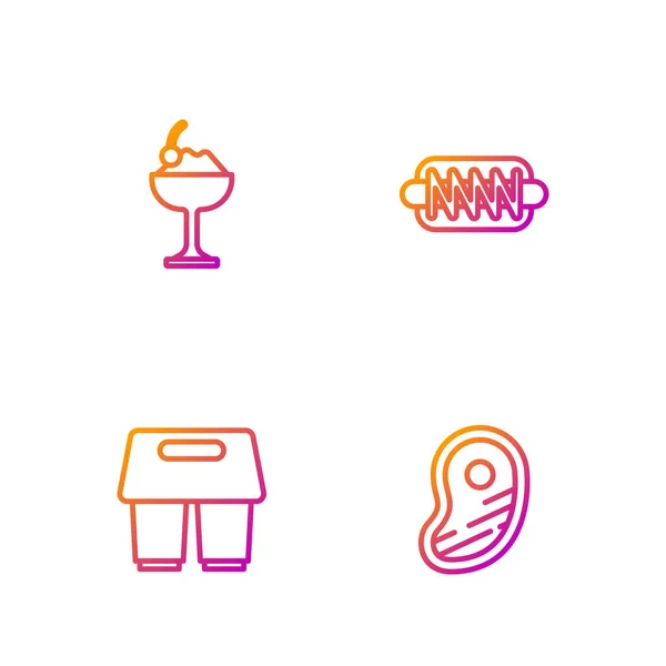 Set line Steak meat, Coffee cup to go, Ice cream in bowl and Hotdog sandwich. Gradient color icons. Vector — Διανυσματικό Αρχείο