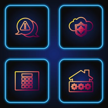 Satır evini parola, şifre koruması, üçgen, bulut ve kalkan şeklinde ünlem işareti ile ayarla. Renk simgeleri. Vektör